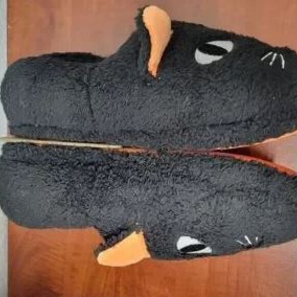 H392-MEOW-NWT Dearfoams Black/Orange Cat Slippers W9-10/M7-8 Cozy Slippers - Picture 4 of 6